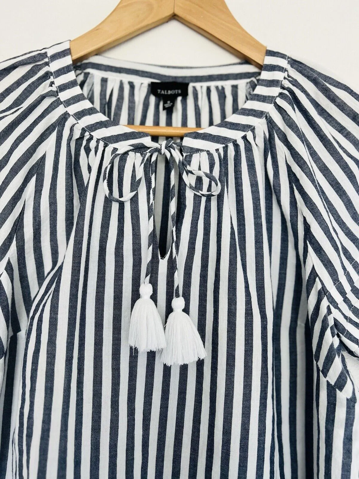 TALBOTS Tassel Tie Neck Blouse Sz S White Black Stripe Shirt Ruche Sleeve Boho