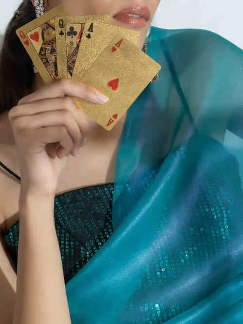 Teal with Pink Shine Organza Net Saree and Blue Sequin Blouse Fabric