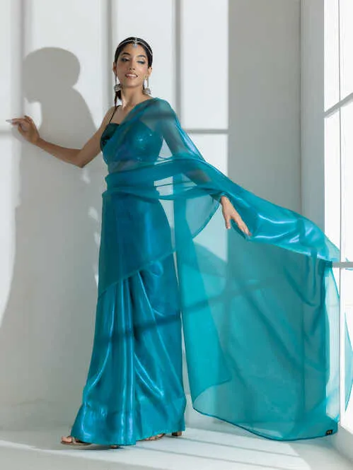 Teal with Pink Shine Organza Net Saree and Blue Sequin Blouse Fabric