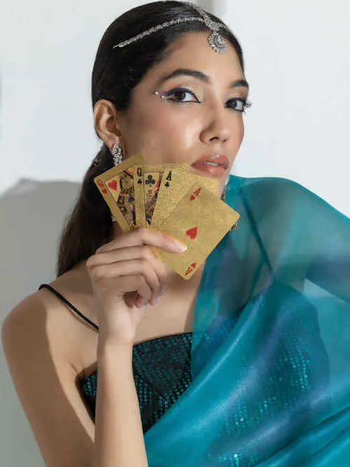 Teal with Pink Shine Organza Net Saree and Blue Sequin Blouse Fabric