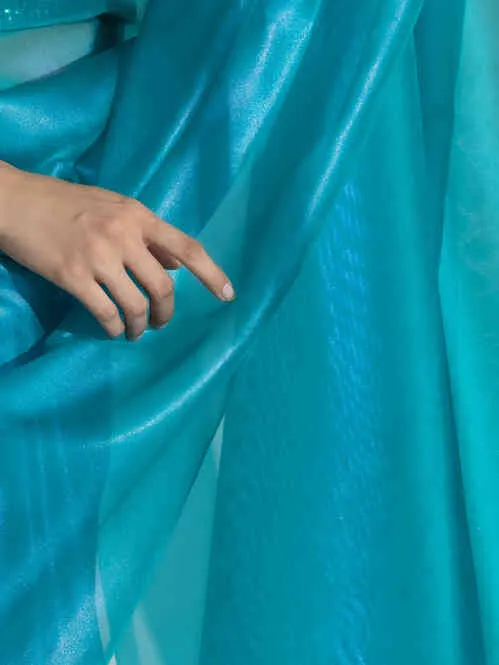 Teal with Pink Shine Organza Net Saree and Blue Sequin Blouse Fabric