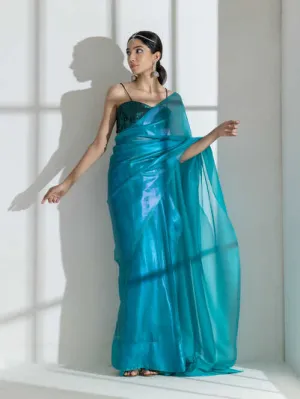 Teal with Pink Shine Organza Net Saree and Blue Sequin Blouse Fabric