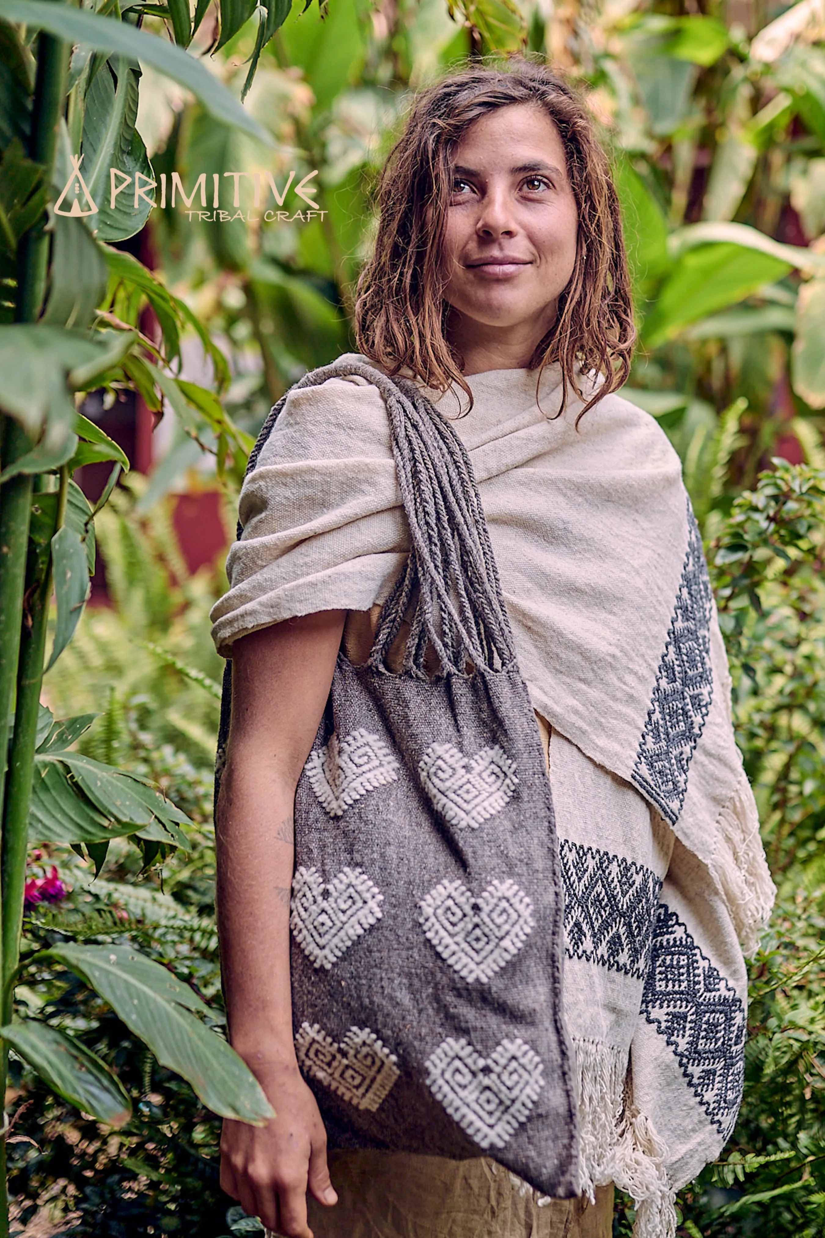 Traditional Backstrap Loom Natural Wool Bag ๑⋙ with Tribal Embroidery