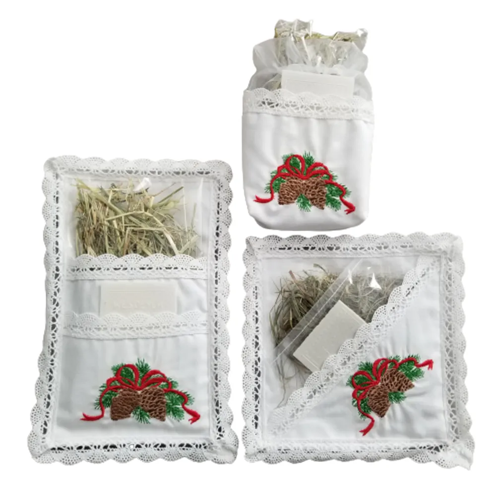 Traditional Polish Lace Square Pillow Holder with Christmas Wafer & Hay Set, Cone Embroidery