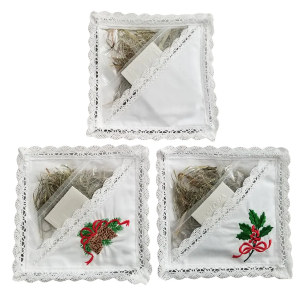 Traditional Polish Lace Square Pillow Holder with Christmas Wafer & Hay Set, Cone Embroidery