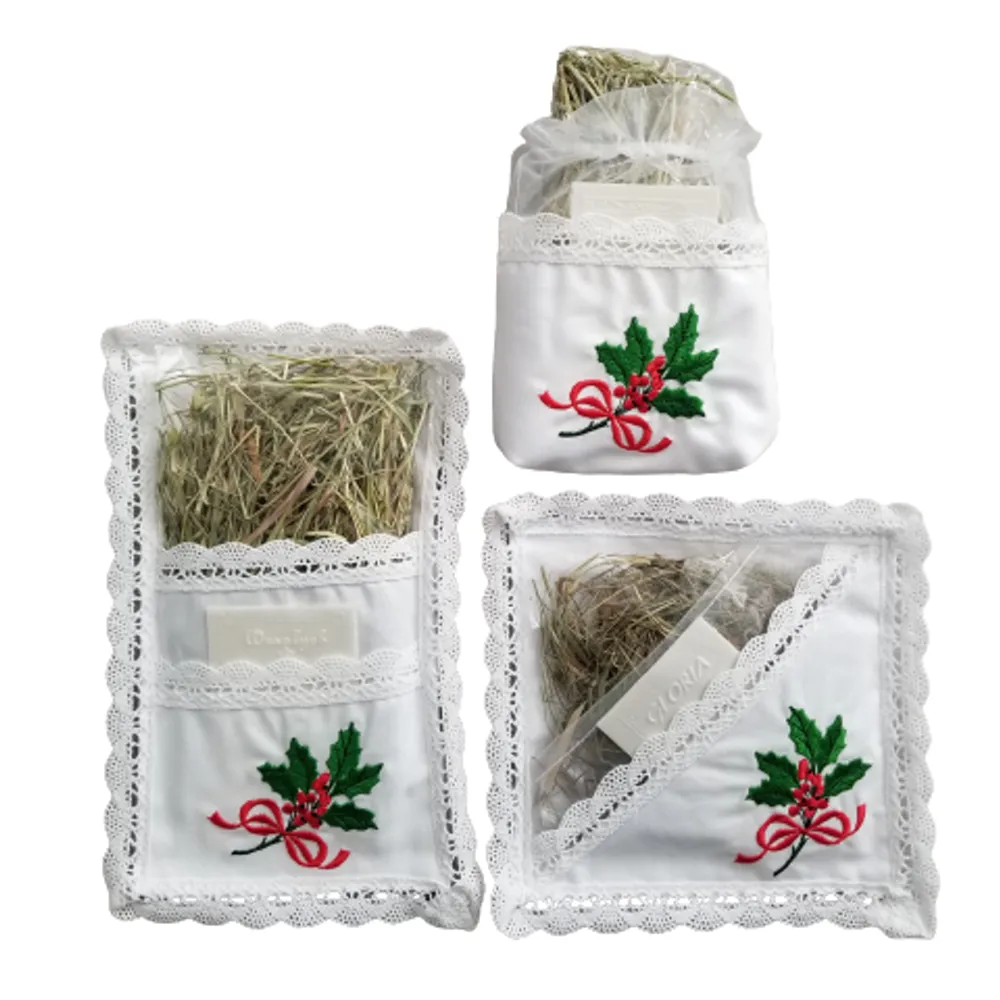 Traditional Polish Lace Square Pillow Holder with Christmas Wafer & Hay Set, Holly Embroidery