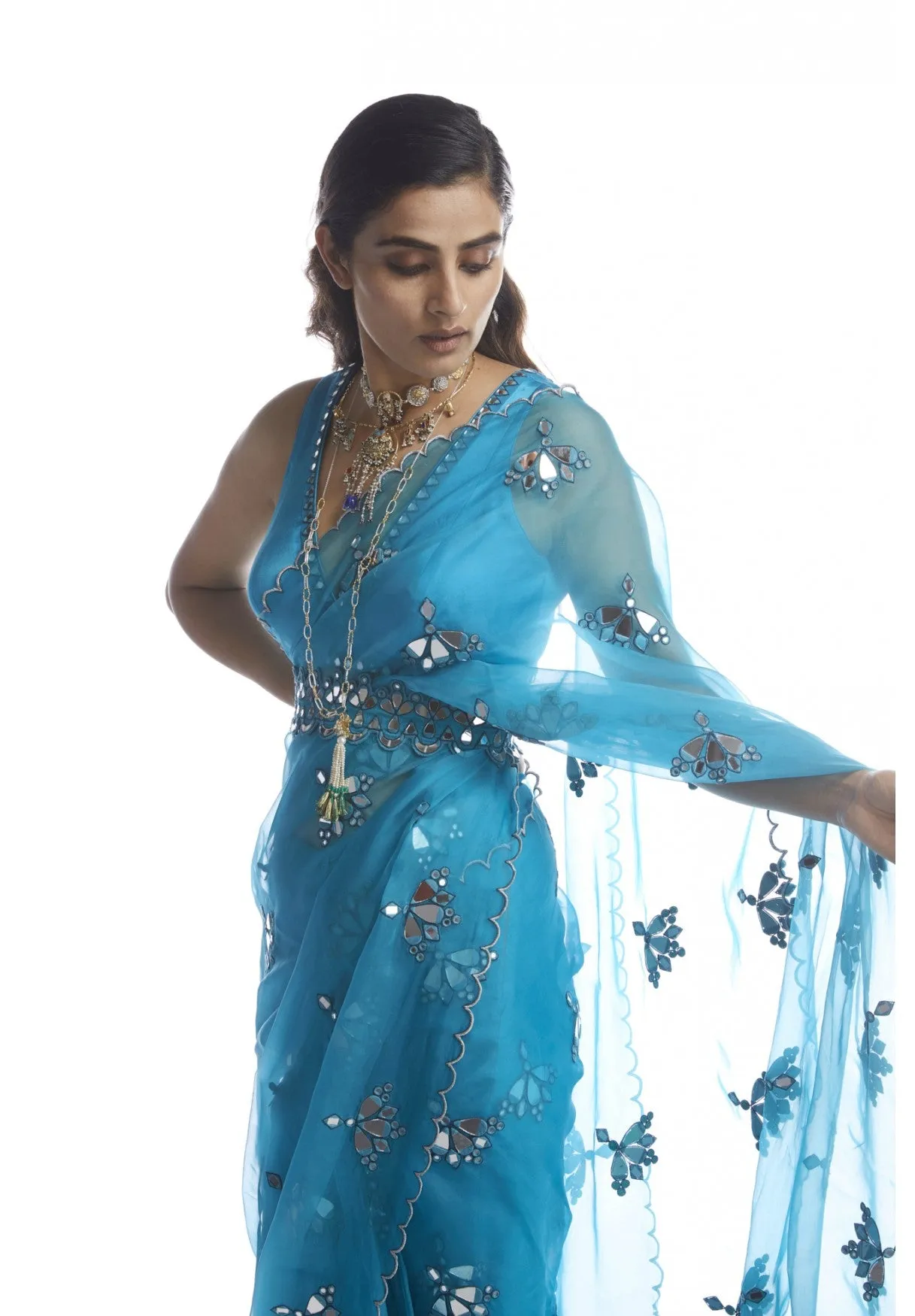 Turquoise Blue Mirror Cut Work Saree