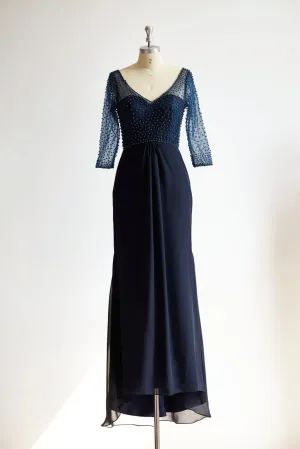 V Neck Elbow Length Sleeves Navy Blue Beaded Chiffon Tulle Wedding Mother Dress