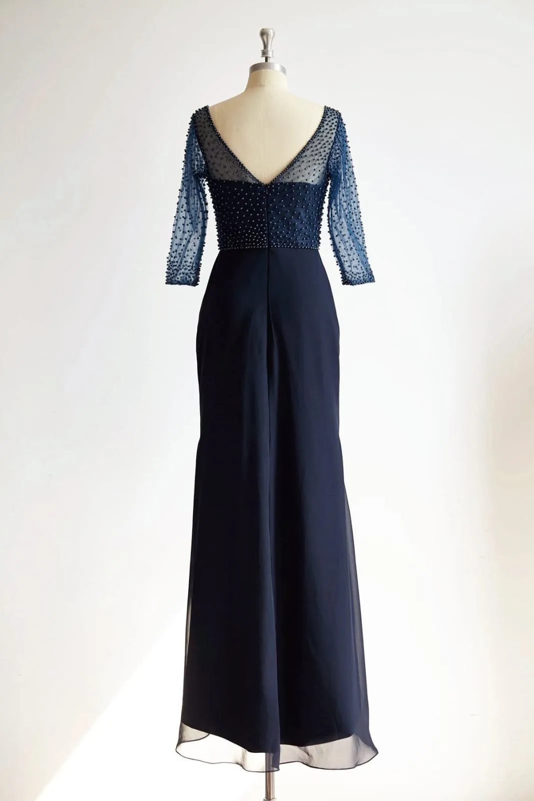 V Neck Elbow Length Sleeves Navy Blue Beaded Chiffon Tulle Wedding Mother Dress