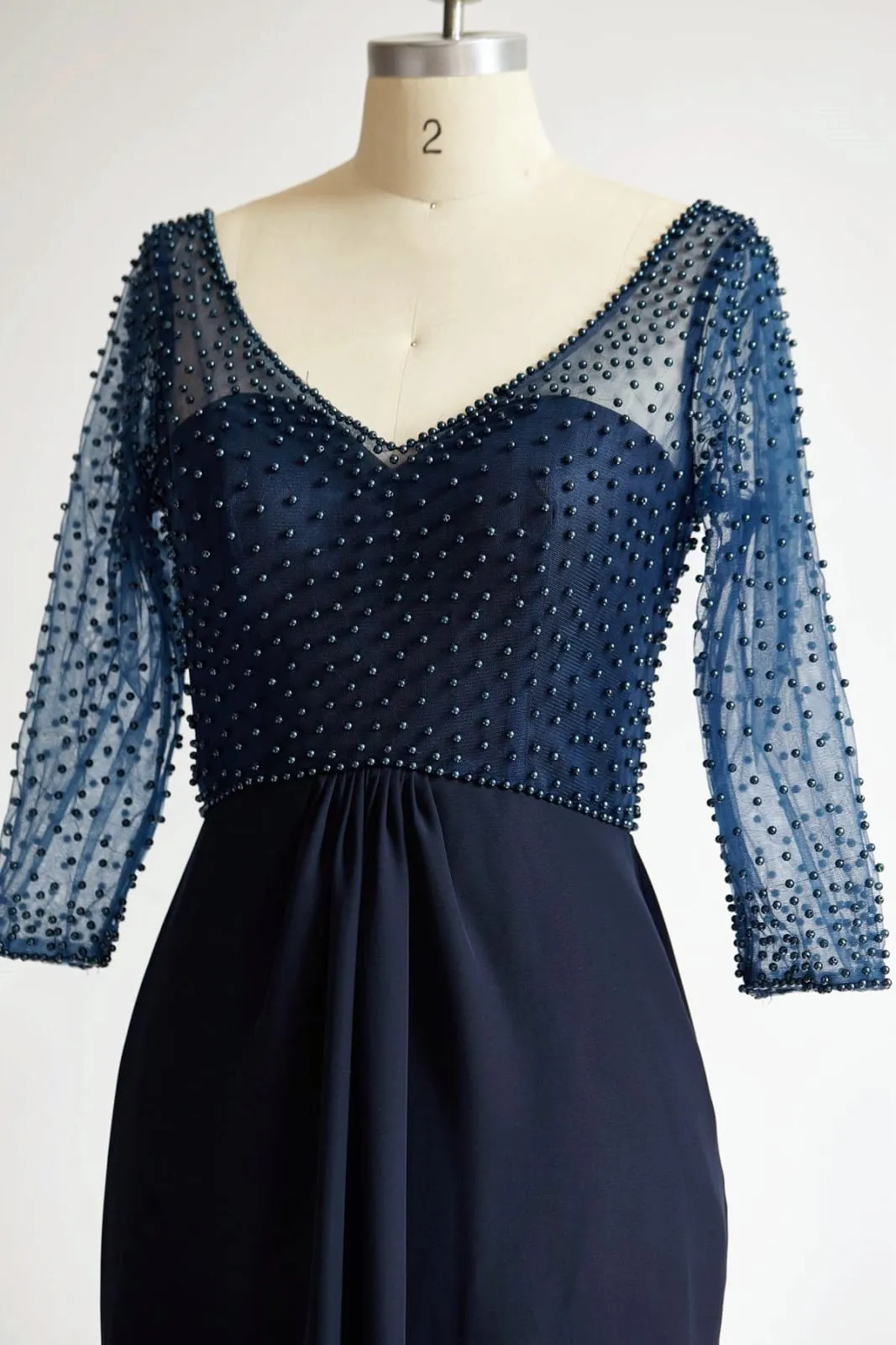 V Neck Elbow Length Sleeves Navy Blue Beaded Chiffon Tulle Wedding Mother Dress