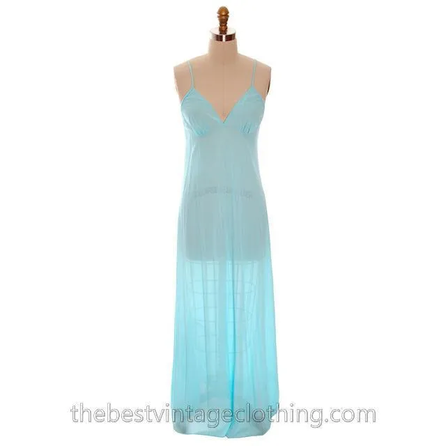 Vintage Aqua Blue  Nylon Chiffon 2PC Nightgown Blanche Ralph Montenero Long Sweeping Hemline M