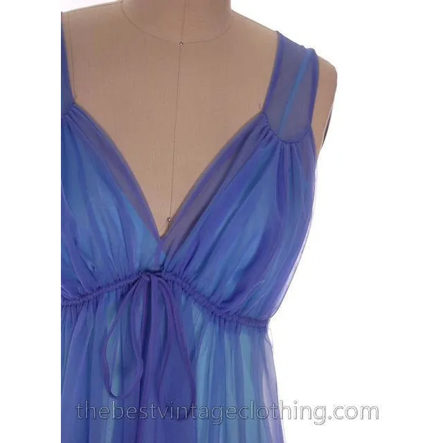 Vintage Aqua Blue  Nylon Chiffon 2PC Nightgown Blanche Ralph Montenero Long Sweeping Hemline M