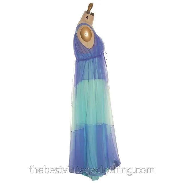 Vintage Aqua Blue  Nylon Chiffon 2PC Nightgown Blanche Ralph Montenero Long Sweeping Hemline M