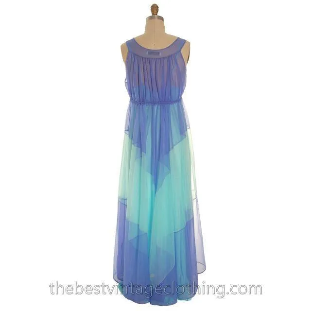 Vintage Aqua Blue  Nylon Chiffon 2PC Nightgown Blanche Ralph Montenero Long Sweeping Hemline M