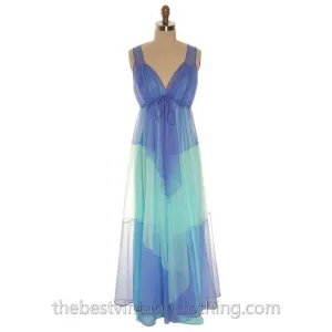 Vintage Aqua Blue  Nylon Chiffon 2PC Nightgown Blanche Ralph Montenero Long Sweeping Hemline M