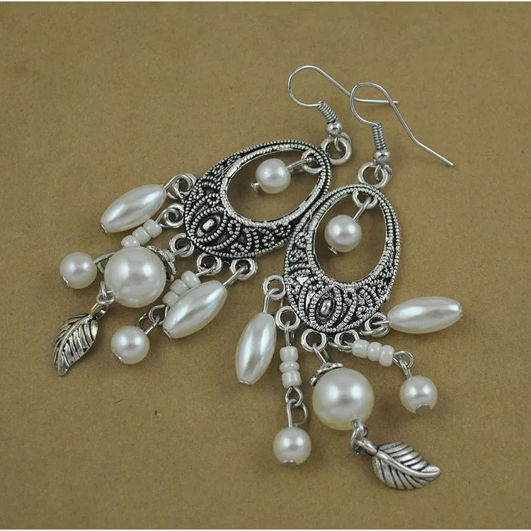Vintage Ethnic Style Earrings Baroque Fringed Leaves Earrings Hand-painted Pattern Ancient Silver Earrings