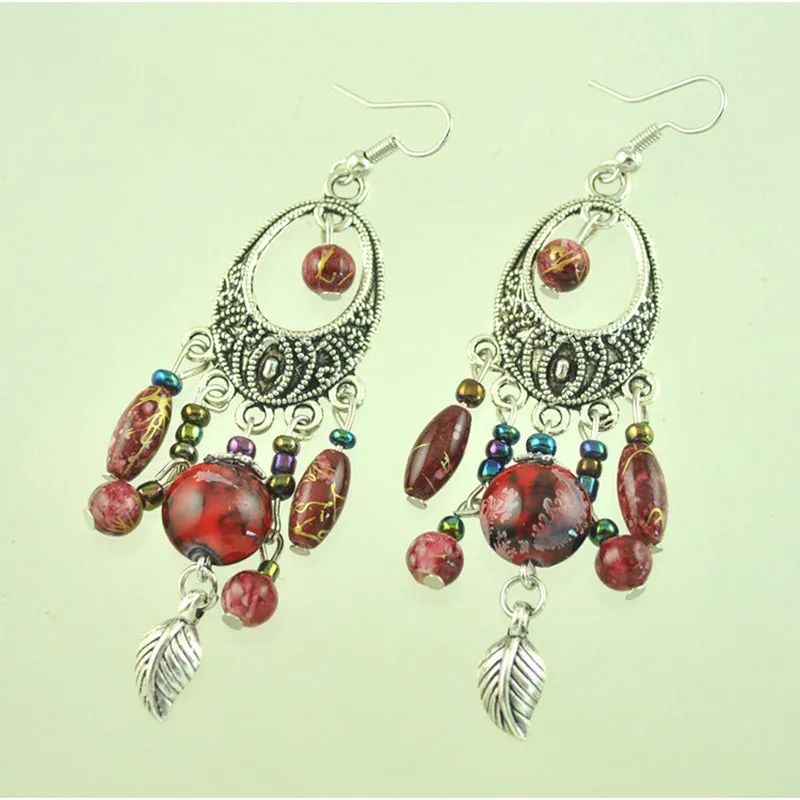 Vintage Ethnic Style Earrings Baroque Fringed Leaves Earrings Hand-painted Pattern Ancient Silver Earrings