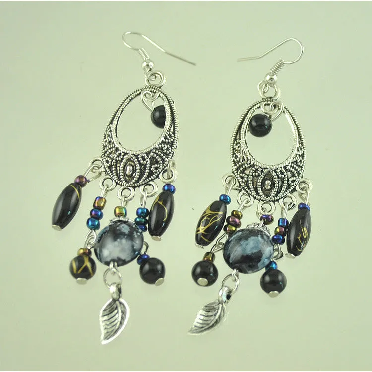 Vintage Ethnic Style Earrings Baroque Fringed Leaves Earrings Hand-painted Pattern Ancient Silver Earrings