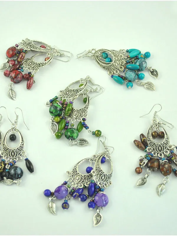 Vintage Ethnic Style Earrings Baroque Fringed Leaves Earrings Hand-painted Pattern Ancient Silver Earrings
