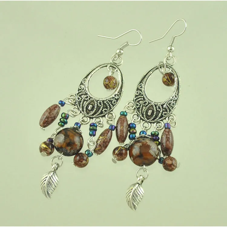 Vintage Ethnic Style Earrings Baroque Fringed Leaves Earrings Hand-painted Pattern Ancient Silver Earrings