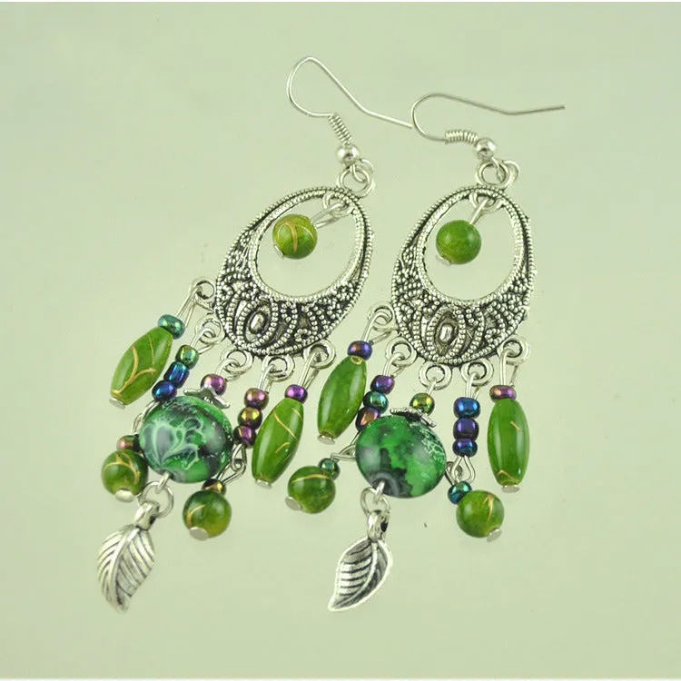 Vintage Ethnic Style Earrings Baroque Fringed Leaves Earrings Hand-painted Pattern Ancient Silver Earrings
