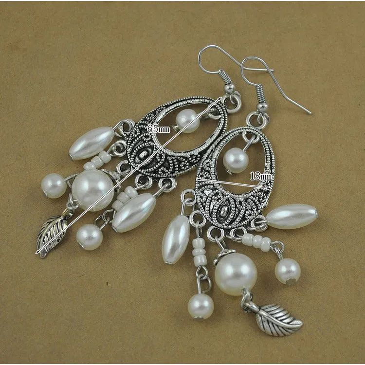 Vintage Ethnic Style Earrings Baroque Fringed Leaves Earrings Hand-painted Pattern Ancient Silver Earrings