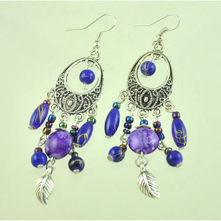 Vintage Ethnic Style Earrings Baroque Fringed Leaves Earrings Hand-painted Pattern Ancient Silver Earrings