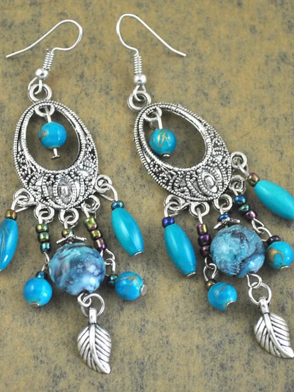 Vintage Ethnic Style Earrings Baroque Fringed Leaves Earrings Hand-painted Pattern Ancient Silver Earrings