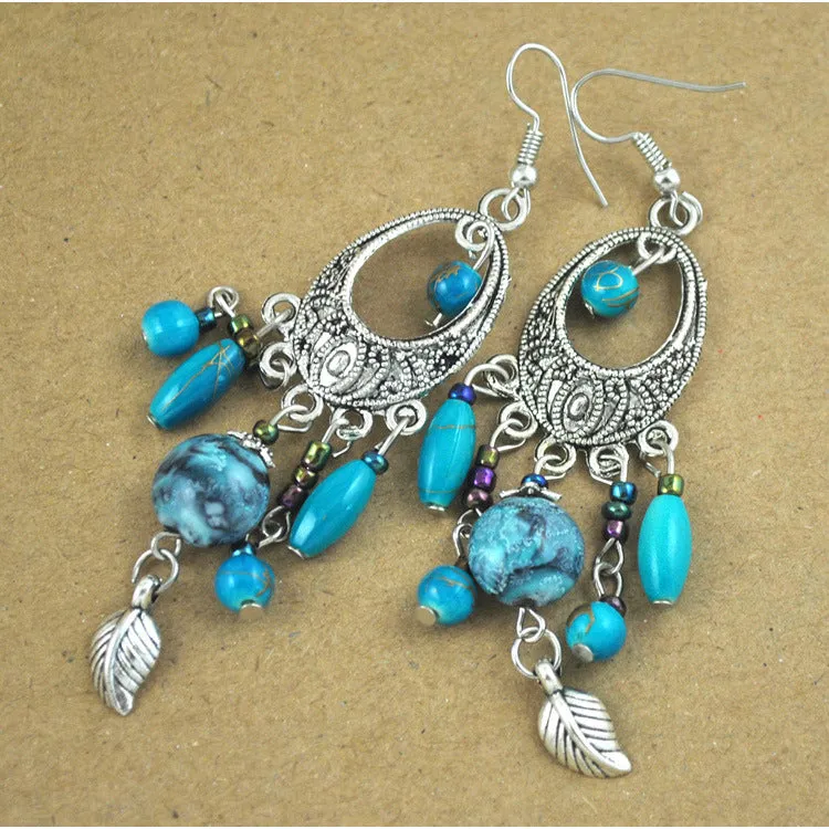 Vintage Ethnic Style Earrings Baroque Fringed Leaves Earrings Hand-painted Pattern Ancient Silver Earrings