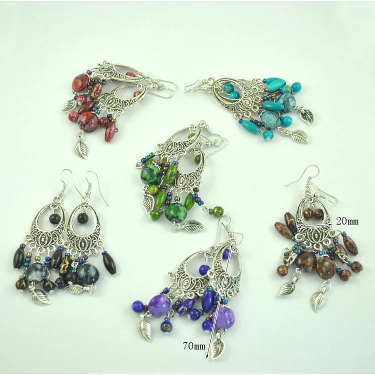 Vintage Ethnic Style Earrings Baroque Fringed Leaves Earrings Hand-painted Pattern Ancient Silver Earrings