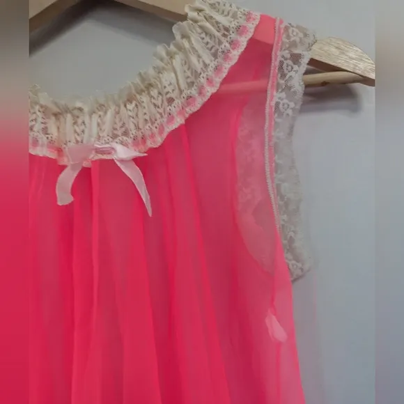 Vintage Mid-century Neon Pink Sheer Nylon Long Nightgown Babydoll