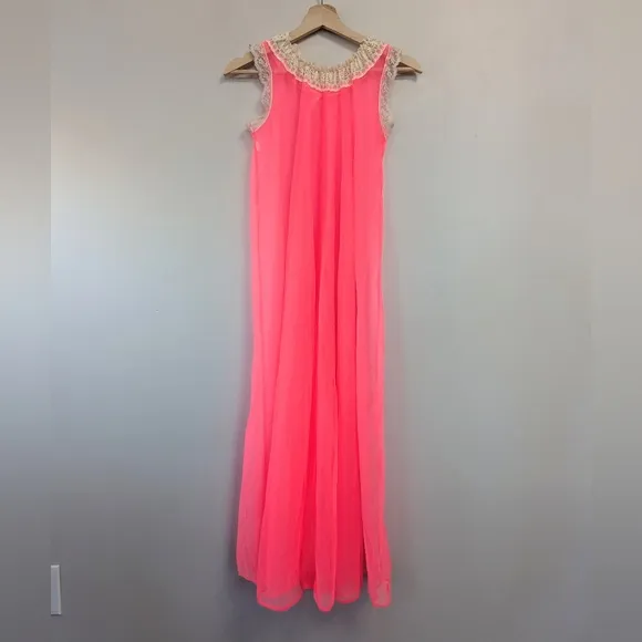 Vintage Mid-century Neon Pink Sheer Nylon Long Nightgown Babydoll