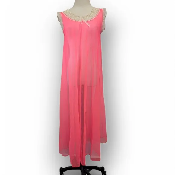 Vintage Mid-century Neon Pink Sheer Nylon Long Nightgown Babydoll
