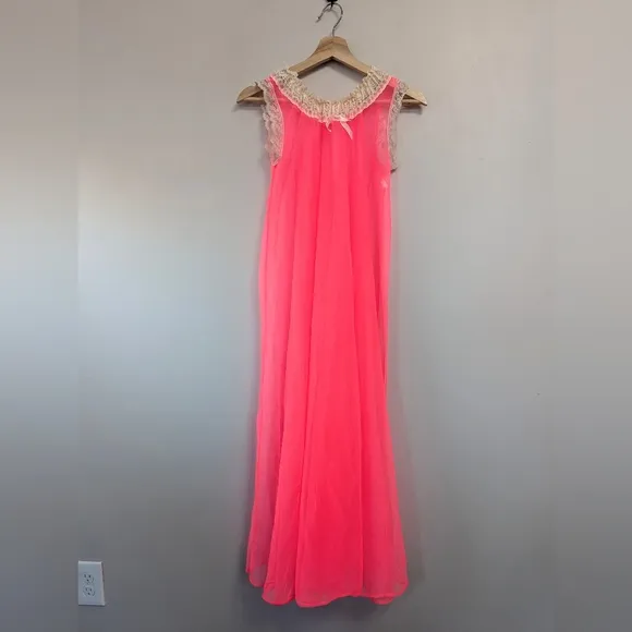 Vintage Mid-century Neon Pink Sheer Nylon Long Nightgown Babydoll
