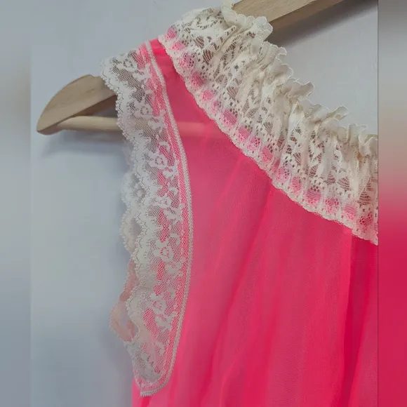 Vintage Mid-century Neon Pink Sheer Nylon Long Nightgown Babydoll