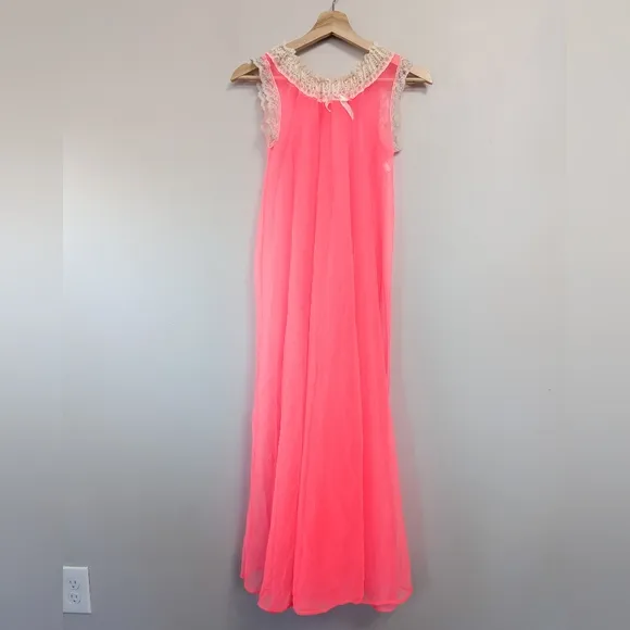 Vintage Mid-century Neon Pink Sheer Nylon Long Nightgown Babydoll