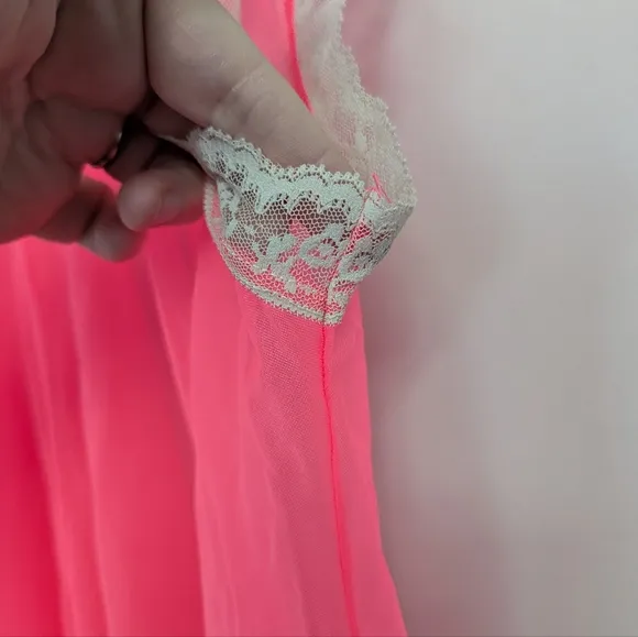 Vintage Mid-century Neon Pink Sheer Nylon Long Nightgown Babydoll