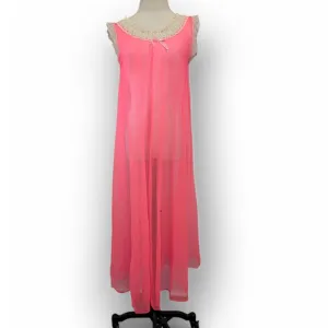 Vintage Mid-century Neon Pink Sheer Nylon Long Nightgown Babydoll