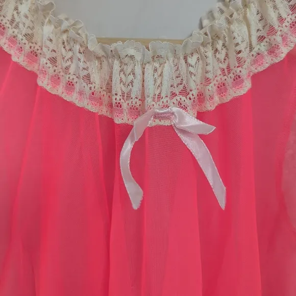 Vintage Mid-century Neon Pink Sheer Nylon Long Nightgown Babydoll
