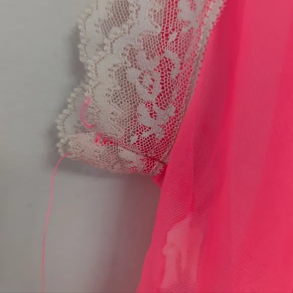 Vintage Mid-century Neon Pink Sheer Nylon Long Nightgown Babydoll