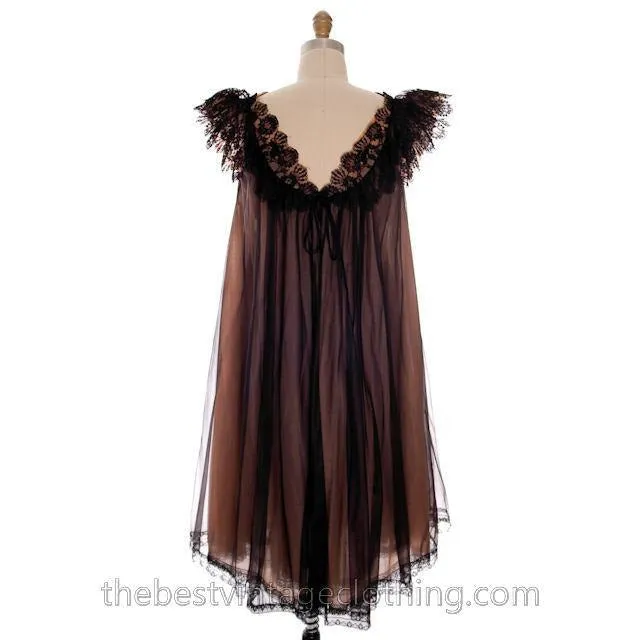 Vintage Nylon 2PC Peignoir Saks Fifth Ave Black 1950s Sheer Lucie Like M