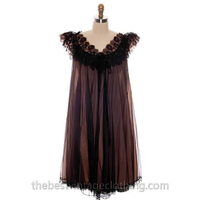 Vintage Nylon 2PC Peignoir Saks Fifth Ave Black 1950s Sheer Lucie Like M