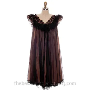 Vintage Nylon 2PC Peignoir Saks Fifth Ave Black 1950s Sheer Lucie Like M