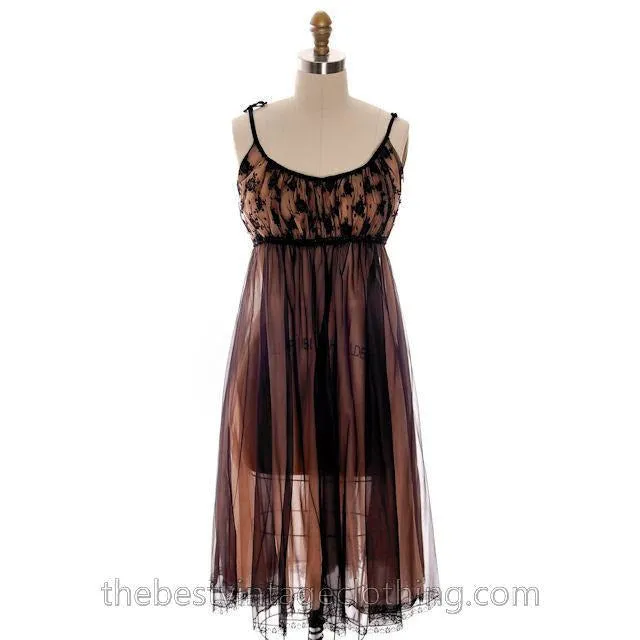 Vintage Nylon 2PC Peignoir Saks Fifth Ave Black 1950s Sheer Lucie Like M