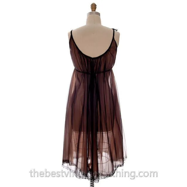 Vintage Nylon 2PC Peignoir Saks Fifth Ave Black 1950s Sheer Lucie Like M