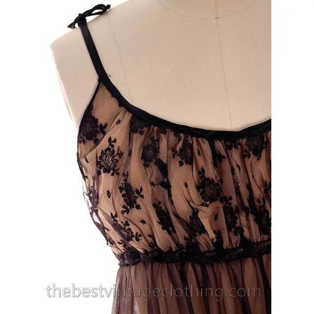 Vintage Nylon 2PC Peignoir Saks Fifth Ave Black 1950s Sheer Lucie Like M