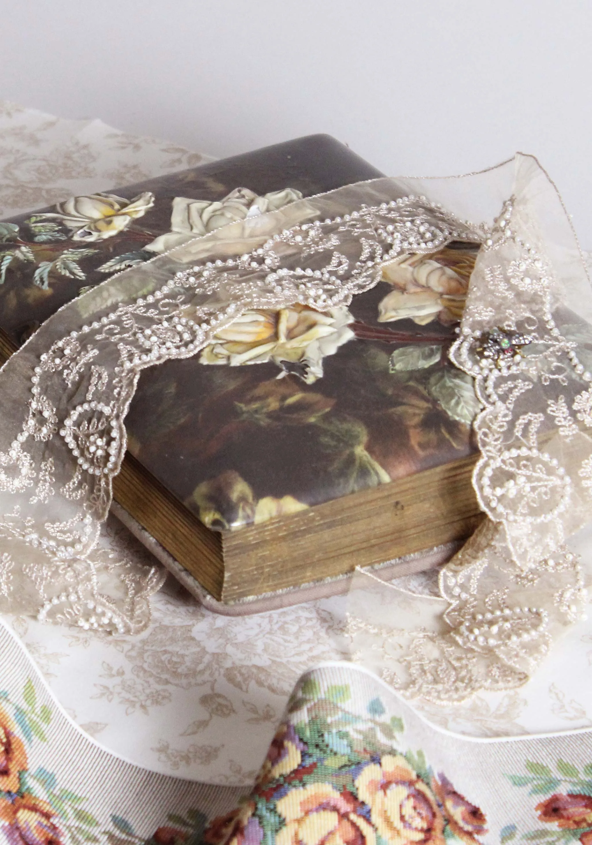 Vintage Rose Organza Pearl Trim