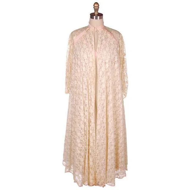 Vintage Sheer & Lace 2PC Peignoir Pink 1950s Classic Eye-Ful Label Small 34