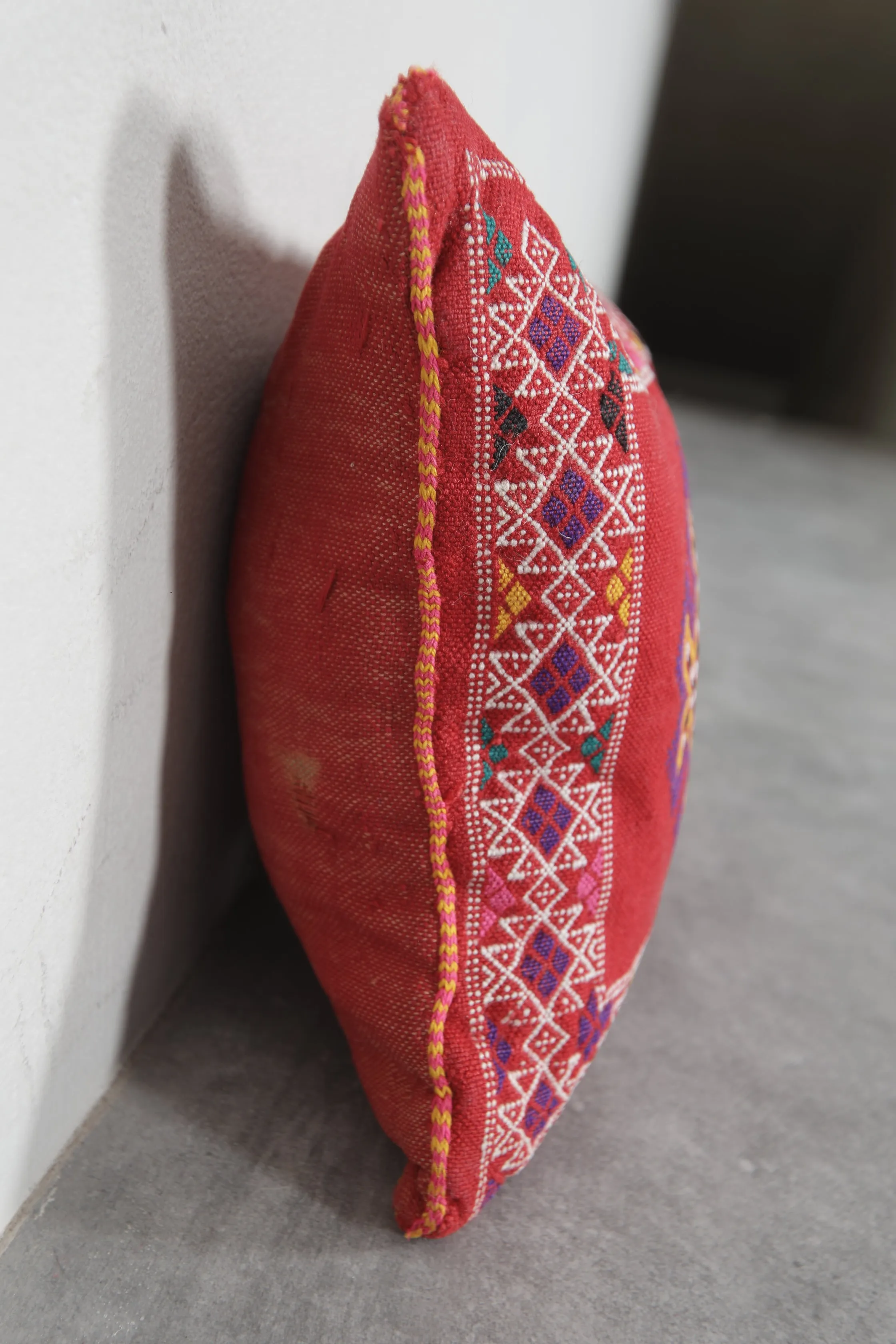 Vivid Red Moroccan Embroidered Pillow - 12.9 x 16.1 Inches