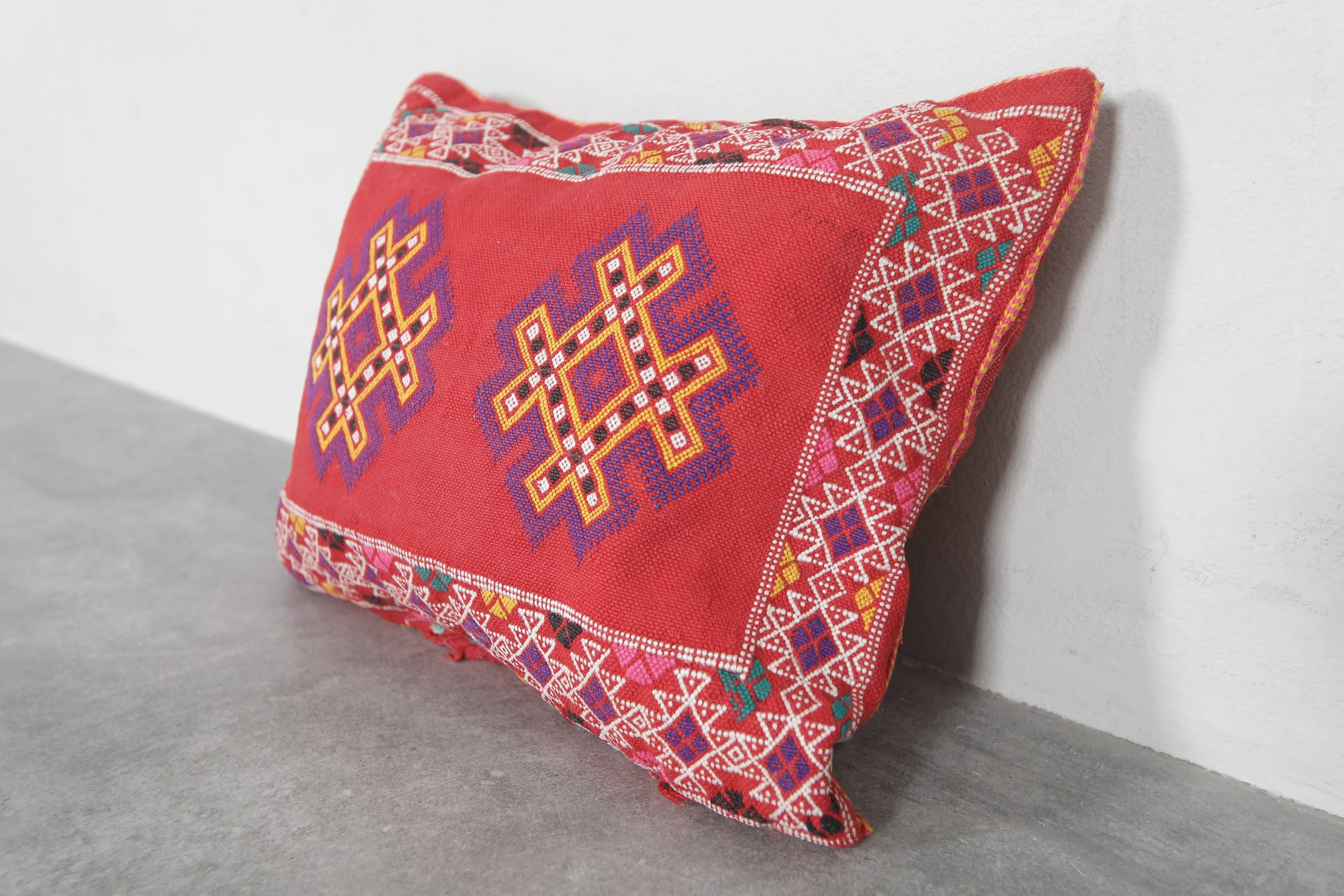 Vivid Red Moroccan Embroidered Pillow - 12.9 x 16.1 Inches